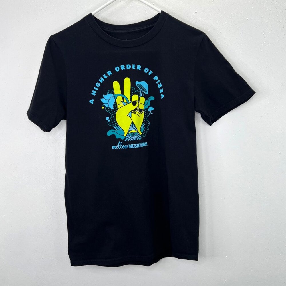 Mellow Mushroom Pizza T Shirt Black S Adult Crewneck Higher Order Peace Sign